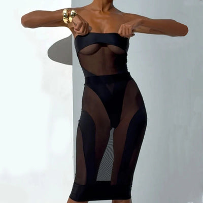 Black sheer dress with mesh panels on a white background